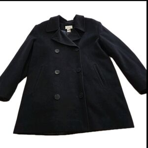 Vtg LL Bean Black Pea Coat Wool Cashmere Blend Double Breasted Fisherman Sailor
